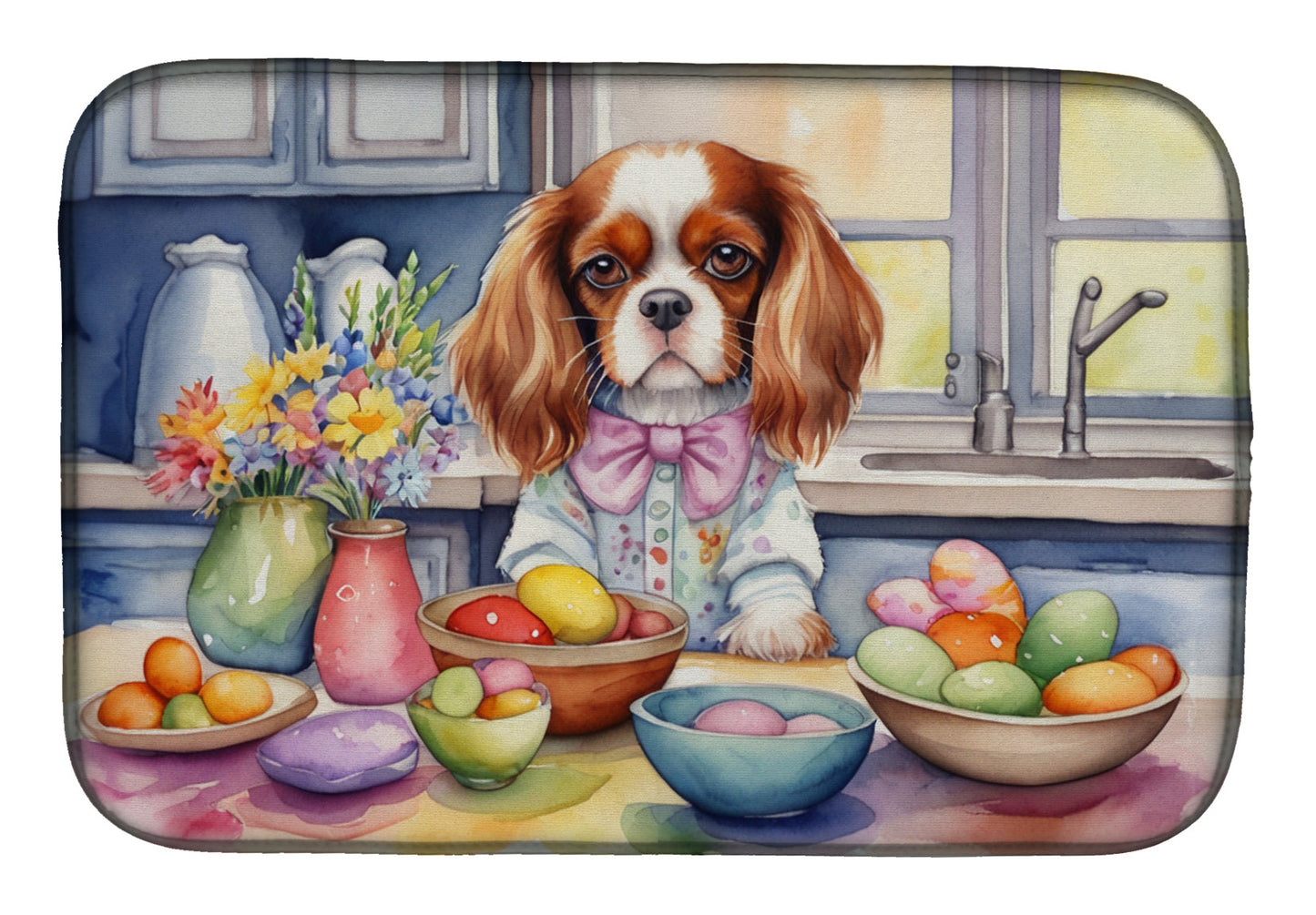 Decorating Easter Cavalier Spaniel Dish Drying Mat-0