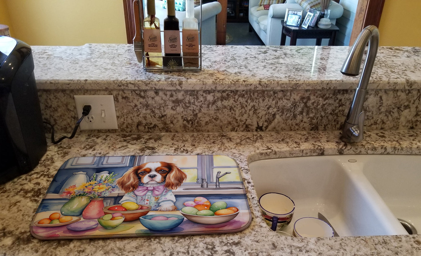 Decorating Easter Cavalier Spaniel Dish Drying Mat-1
