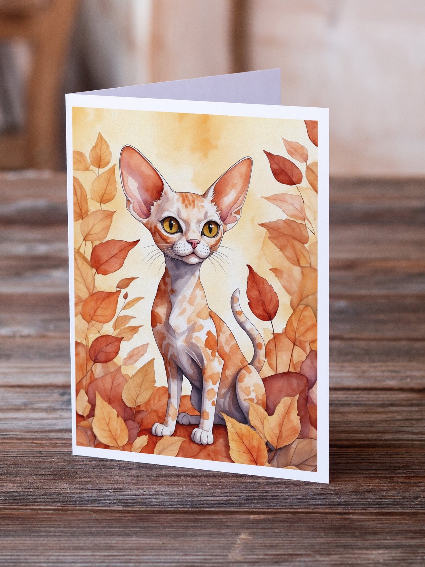 Devon Rex Cat in Fall Leaves Greeting Cards Pack of 8-1