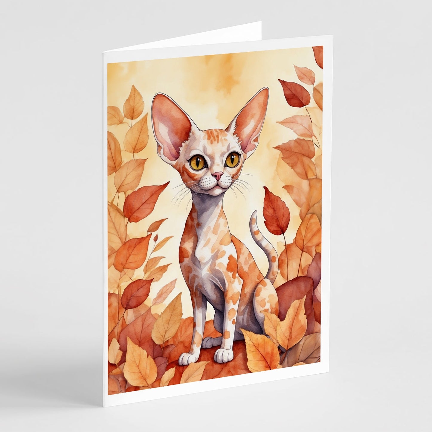 Devon Rex Cat in Fall Leaves Greeting Cards Pack of 8-0