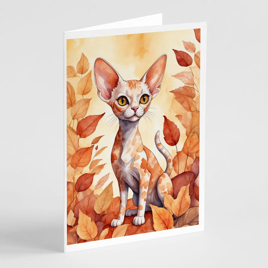 Devon Rex Cat in Fall Leaves Greeting Cards Pack of 8-0