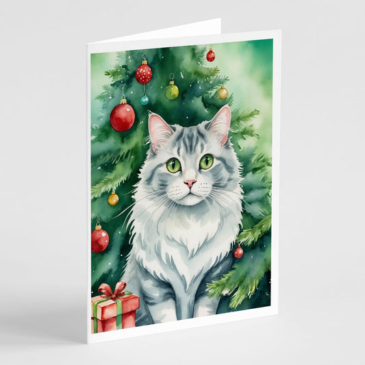 American Curl Cat By the Christmas Tree Greeting Cards Pack of 8-0
