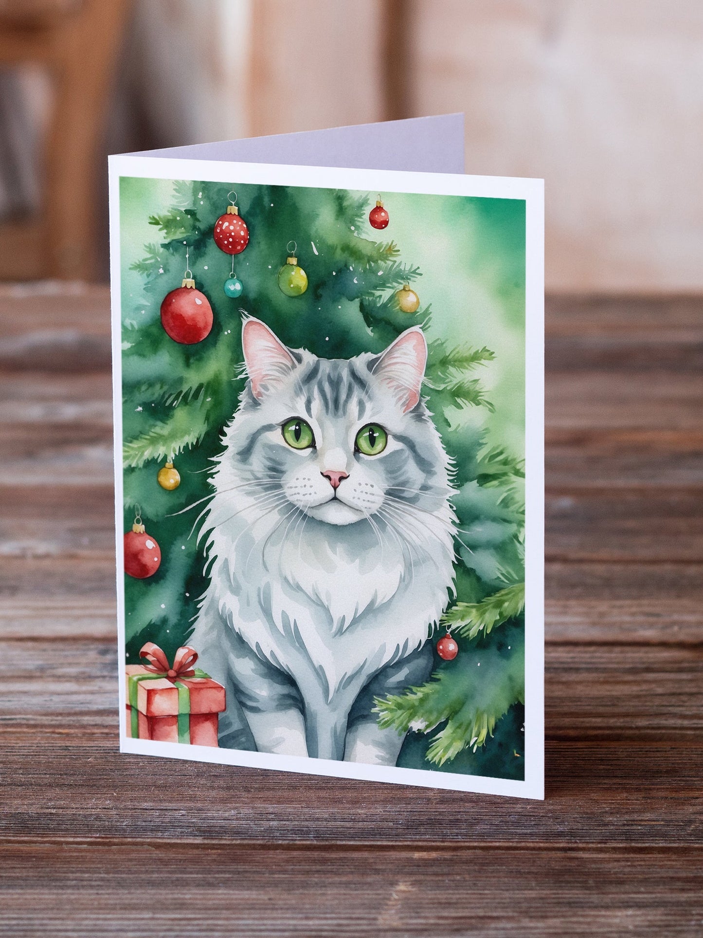 American Curl Cat By the Christmas Tree Greeting Cards Pack of 8-1