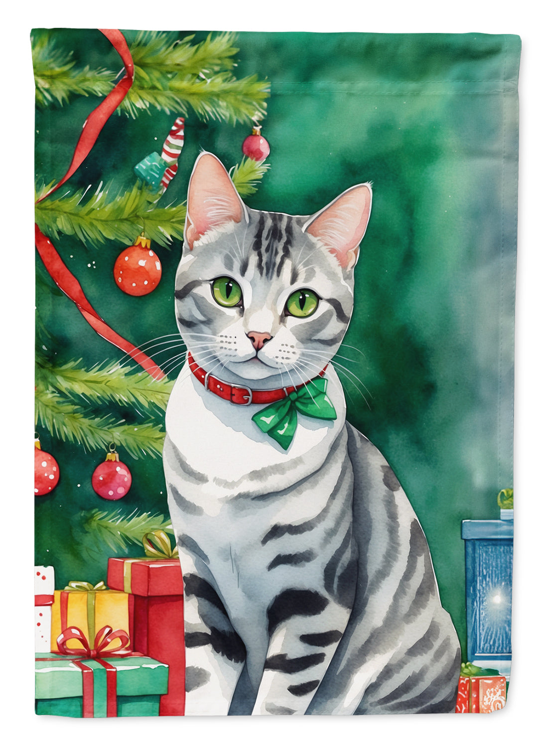 American Shorthair Cat By the Christmas Tree House Flag-0