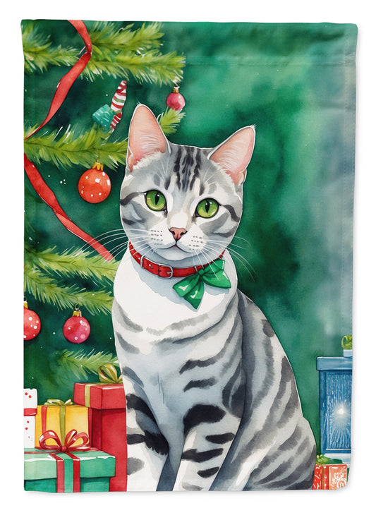 American Shorthair Cat By the Christmas Tree House Flag-0