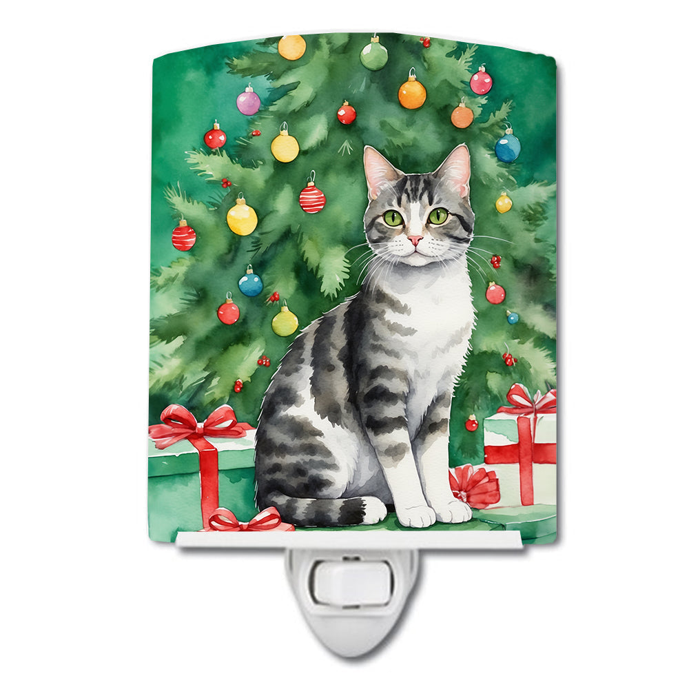 American Wirehair Cat By the Christmas Tree Ceramic Night Light-0