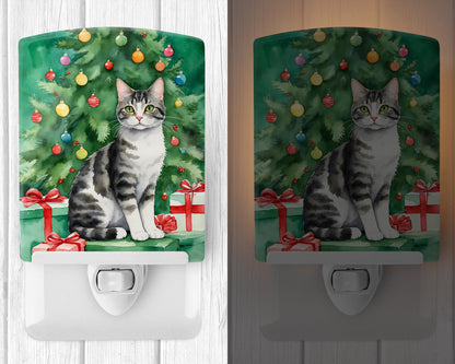American Wirehair Cat By the Christmas Tree Ceramic Night Light-1