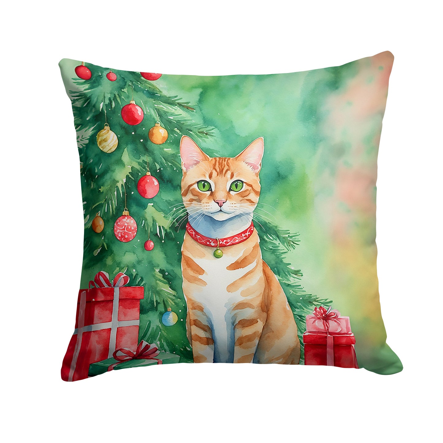 Arabian Mau Cat By the Christmas Tree Throw Pillow-0