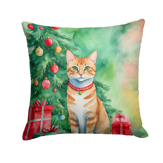 Arabian Mau Cat By the Christmas Tree Throw Pillow-0
