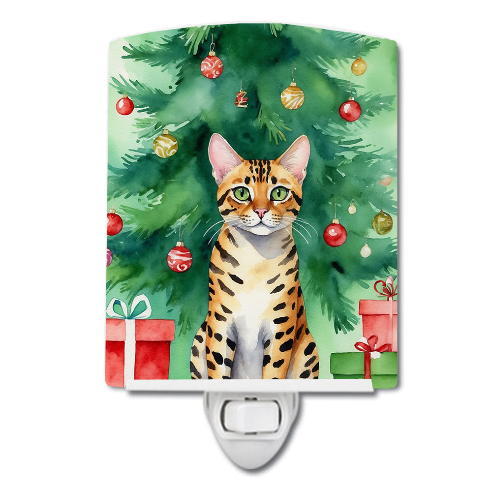 Bengal Cat By the Christmas Tree Ceramic Night Light-0