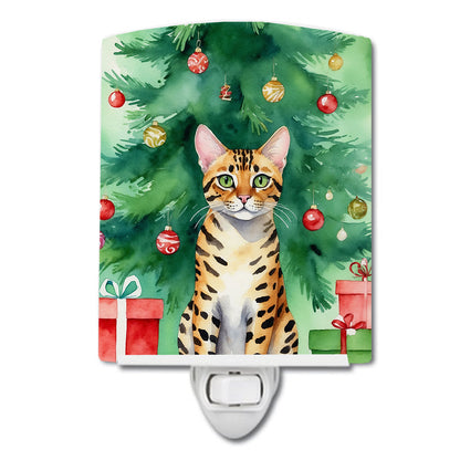 Bengal Cat By the Christmas Tree Ceramic Night Light-0