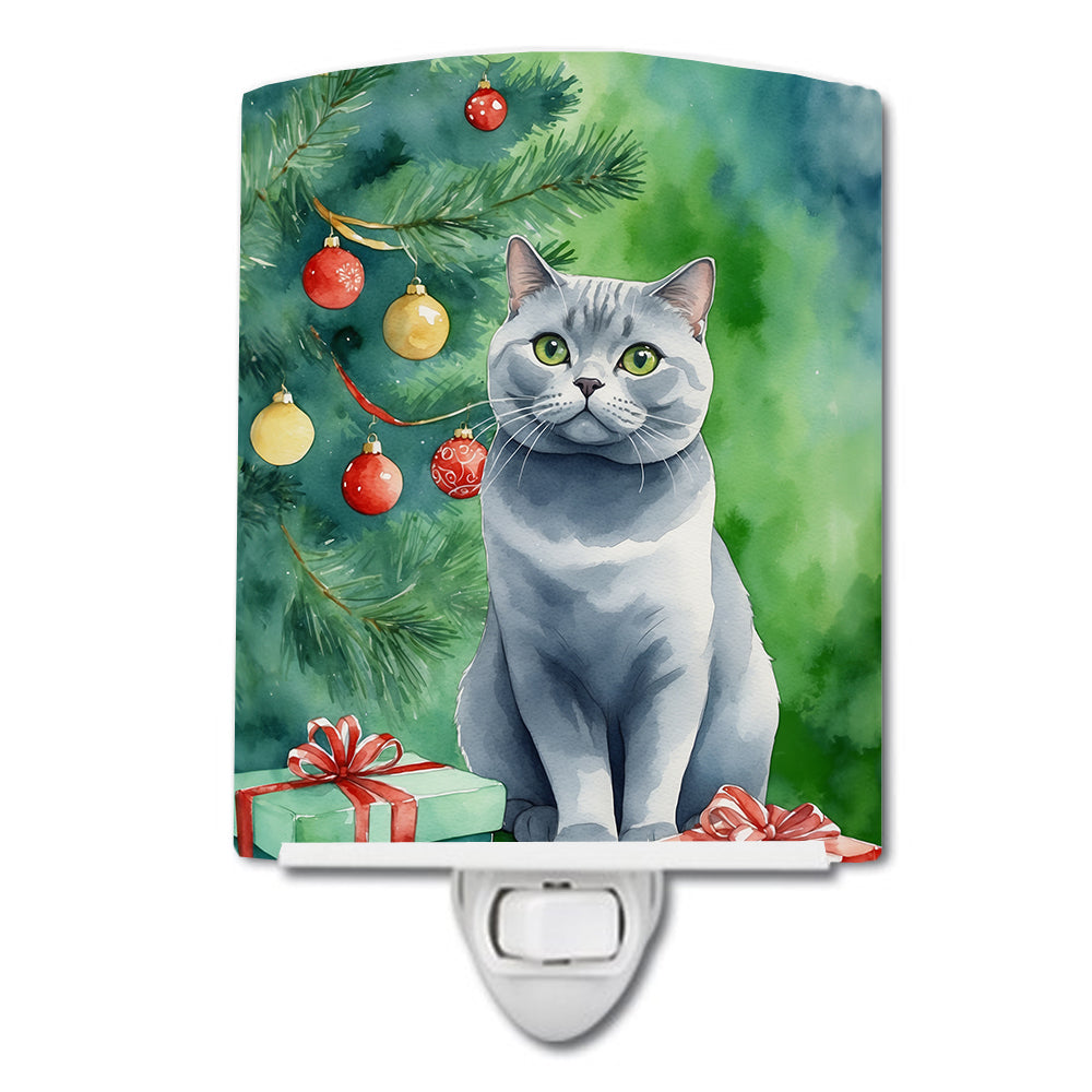 British Shorthair Cat By the Christmas Tree Ceramic Night Light-0