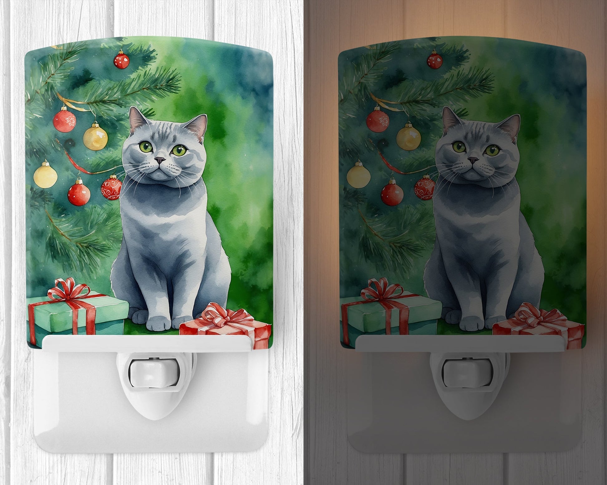 British Shorthair Cat By the Christmas Tree Ceramic Night Light-1