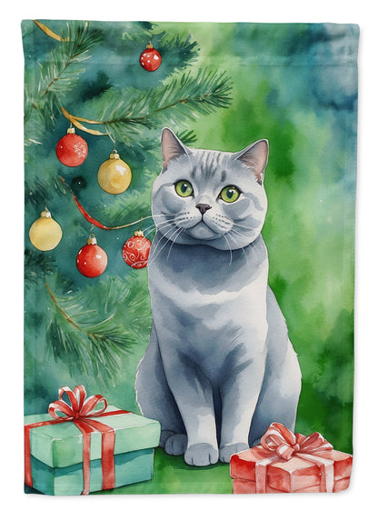 British Shorthair Cat By the Christmas Tree Garden Flag-0
