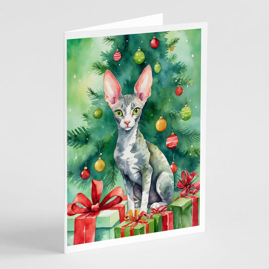 Cornish Rex Cat By the Christmas Tree Greeting Cards Pack of 8-0
