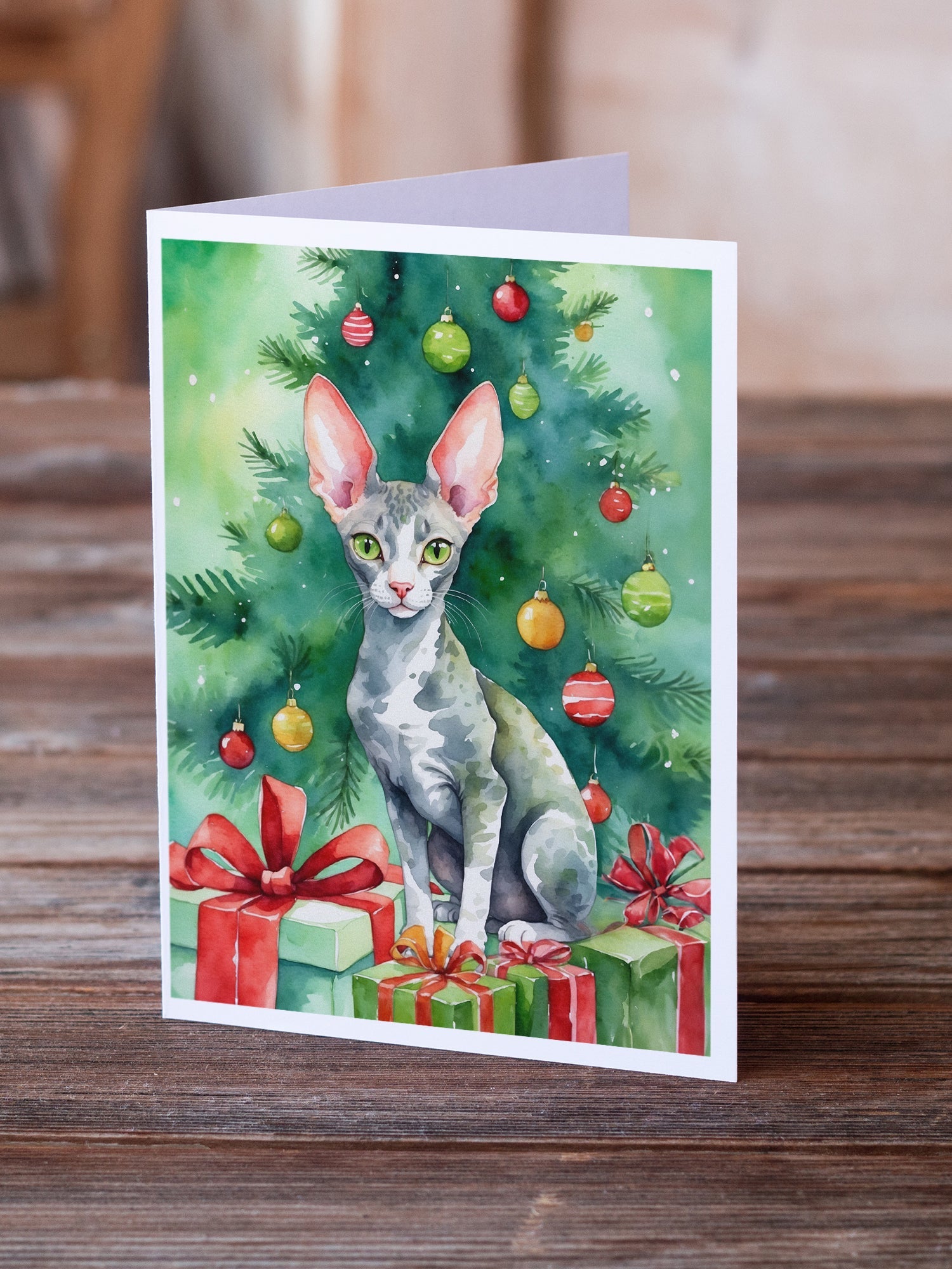 Cornish Rex Cat By the Christmas Tree Greeting Cards Pack of 8-1