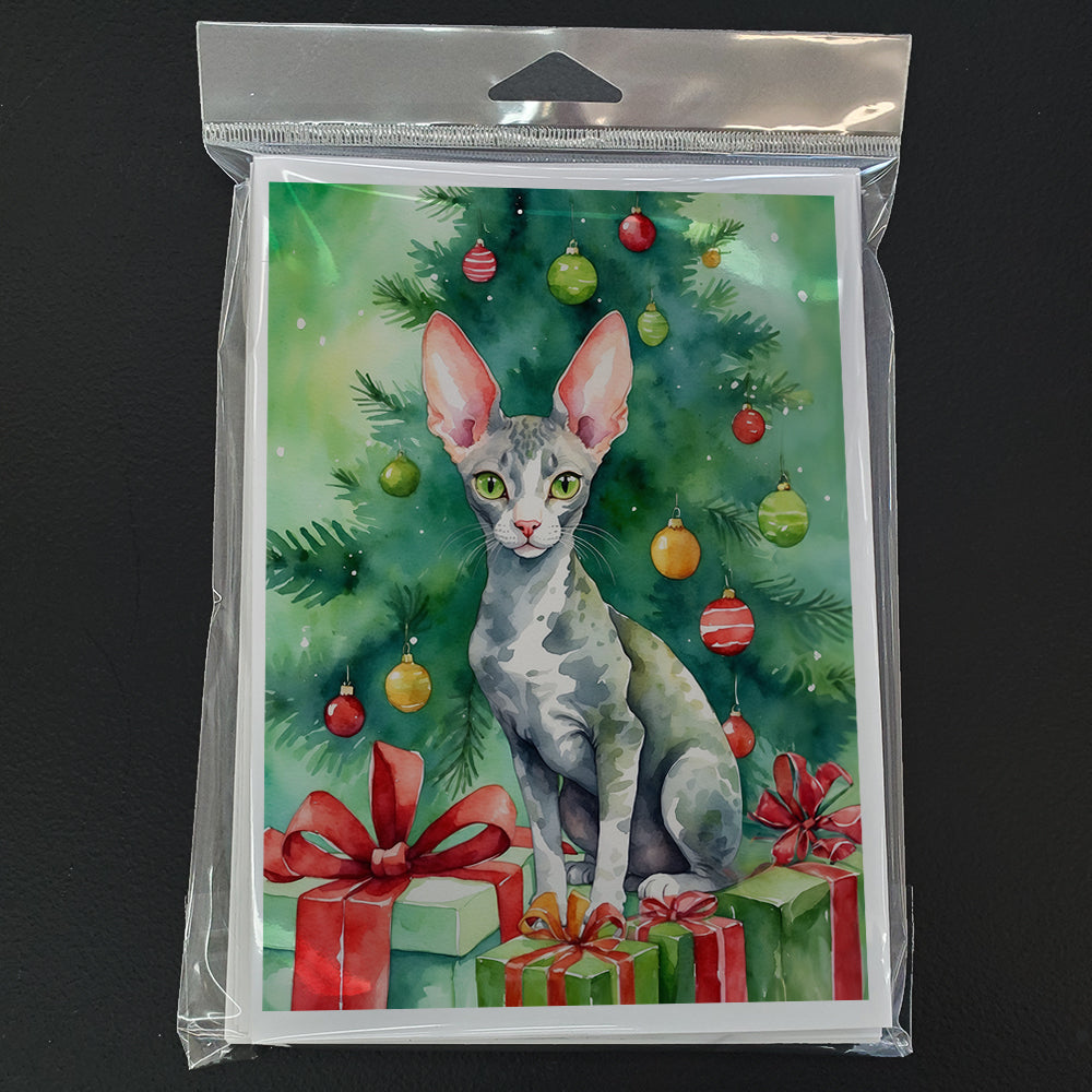 Cornish Rex Cat By the Christmas Tree Greeting Cards Pack of 8-2