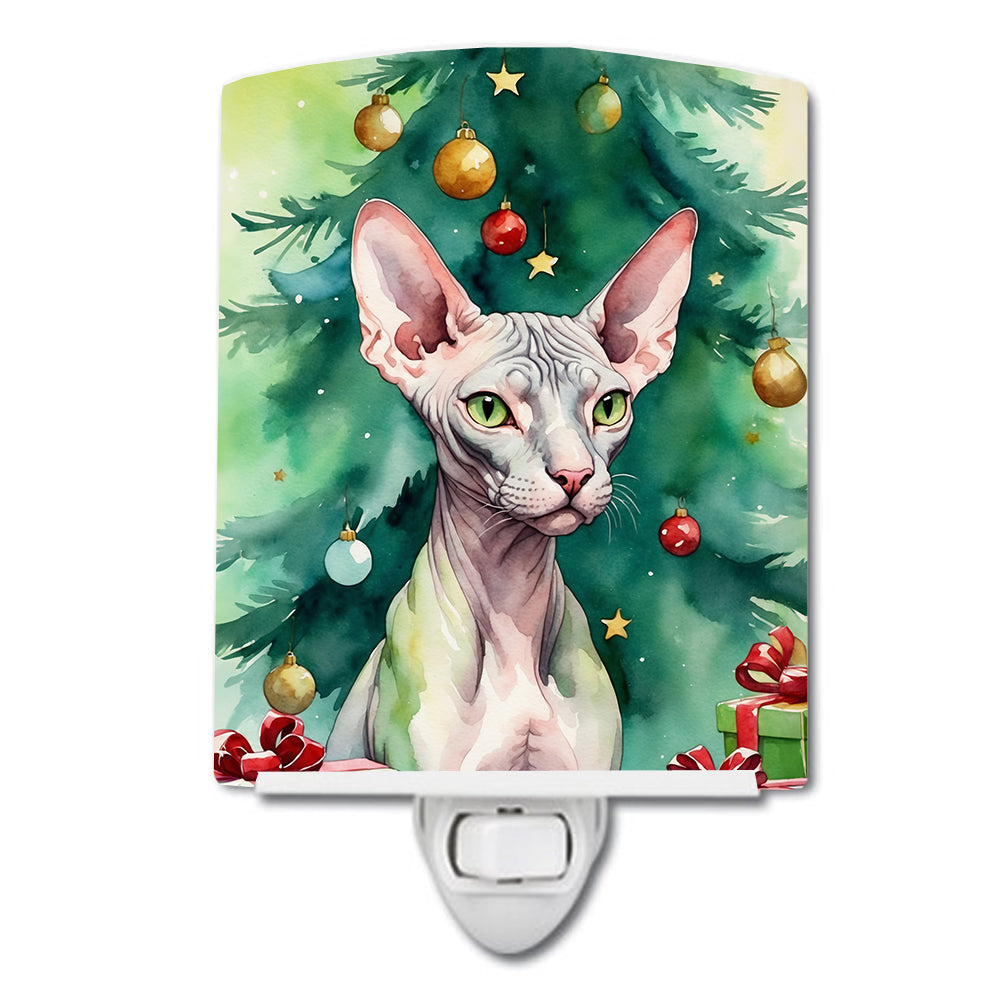 Donskoy Don Sphynx Cat By the Christmas Tree Ceramic Night Light-0