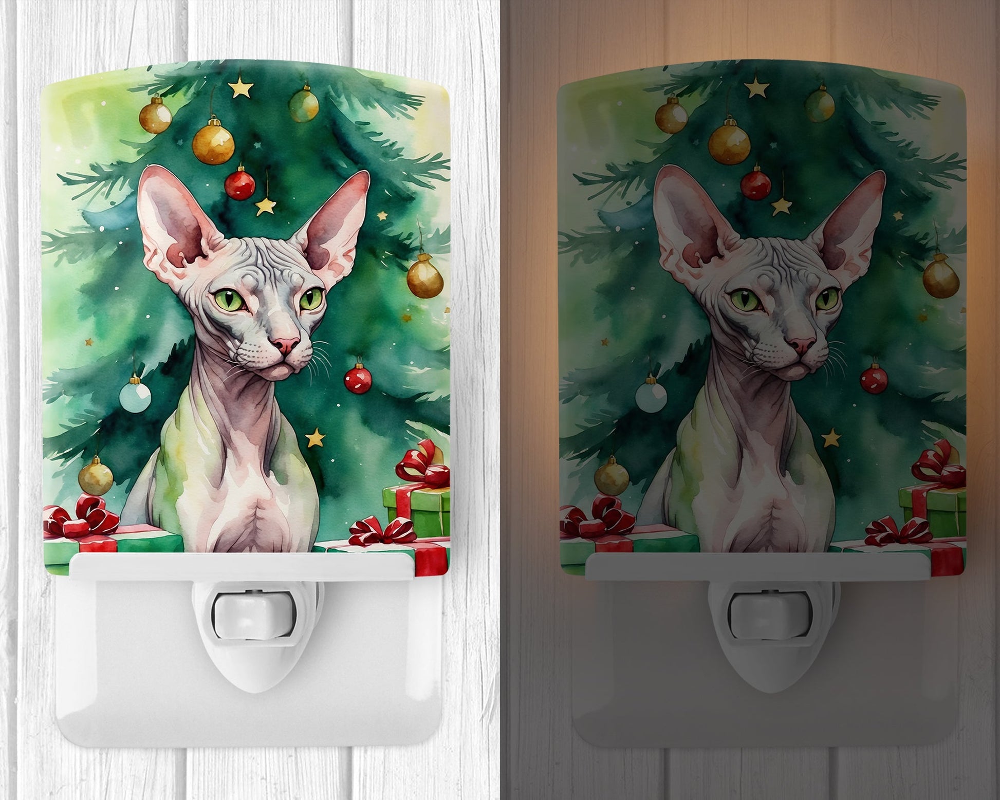 Donskoy Don Sphynx Cat By the Christmas Tree Ceramic Night Light-1