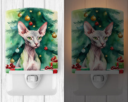 Donskoy Don Sphynx Cat By the Christmas Tree Ceramic Night Light-1