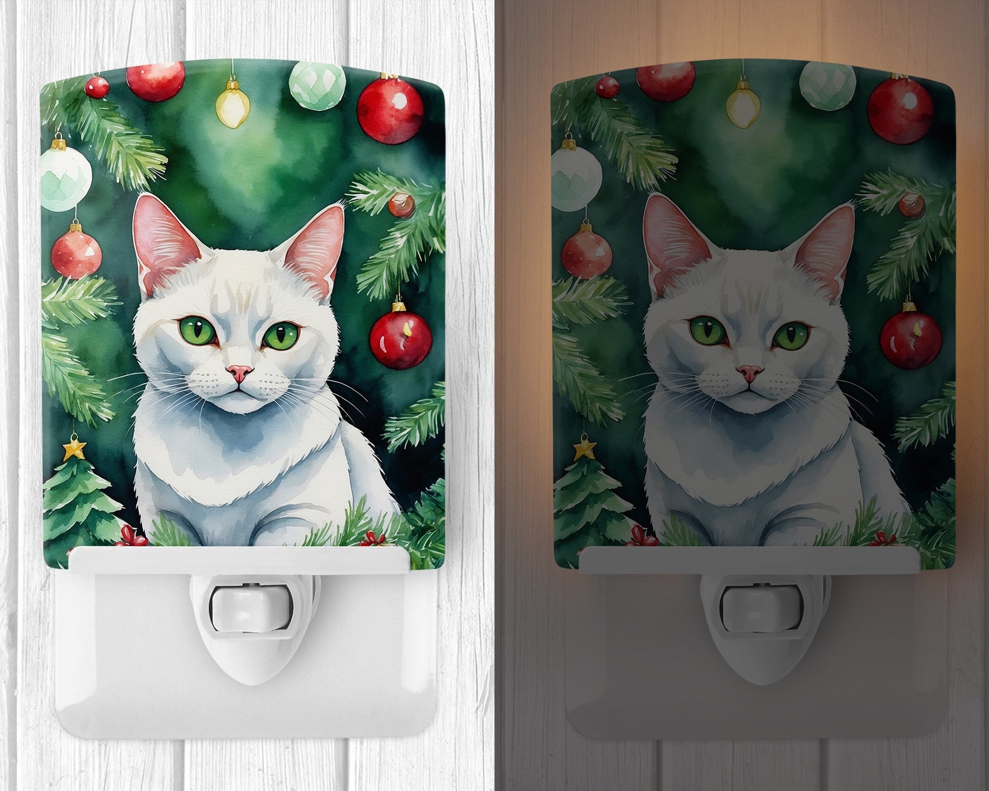 Khao Manee Cat By the Christmas Tree Ceramic Night Light-1