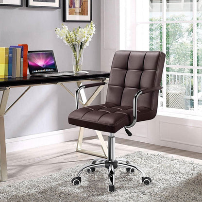 Dark Brown Modern Faux Leather Mid-Back Office Chair with Armrests and Wheels-0