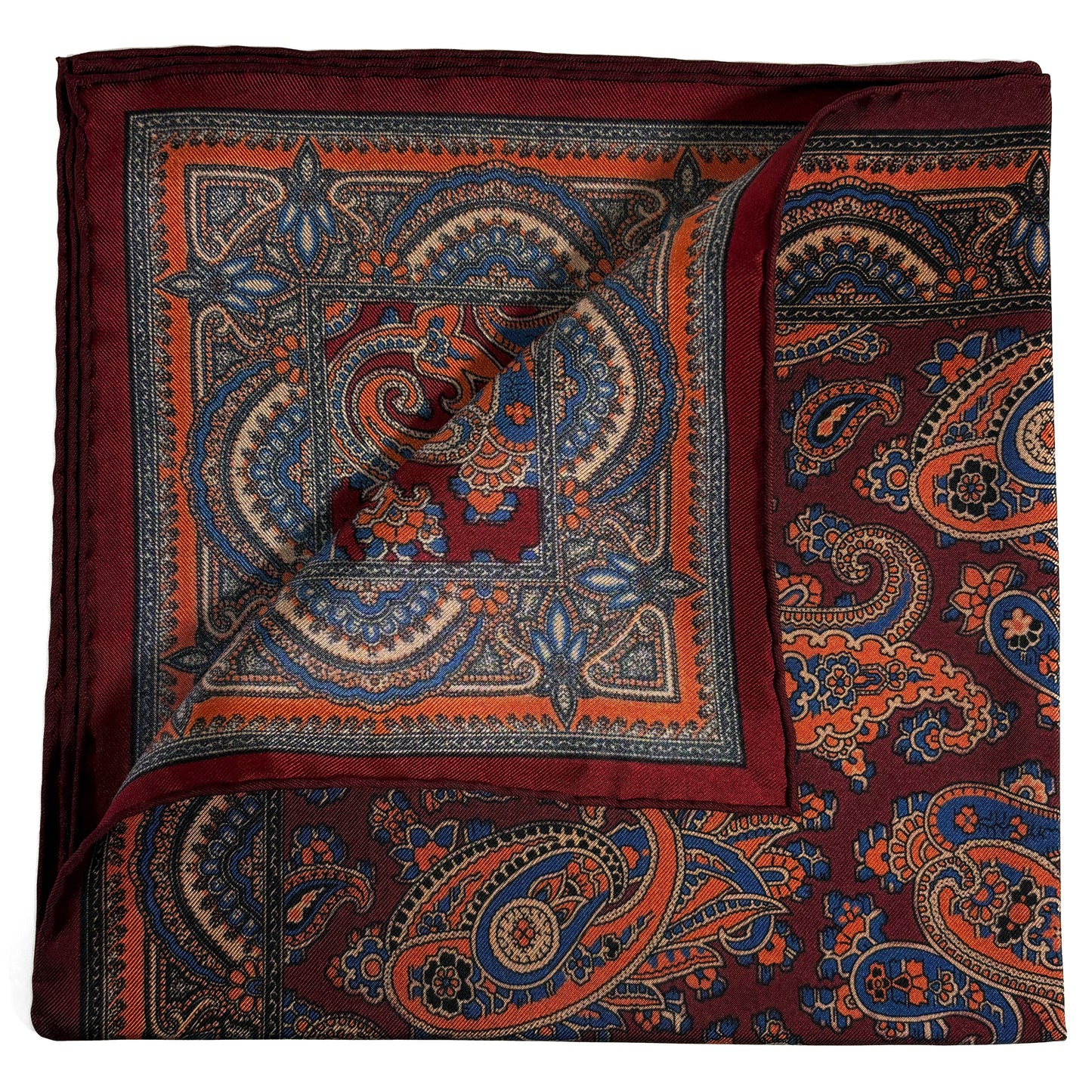 Burgundy & Orange Paisley Ancient Madder Silk Pocket Square-2