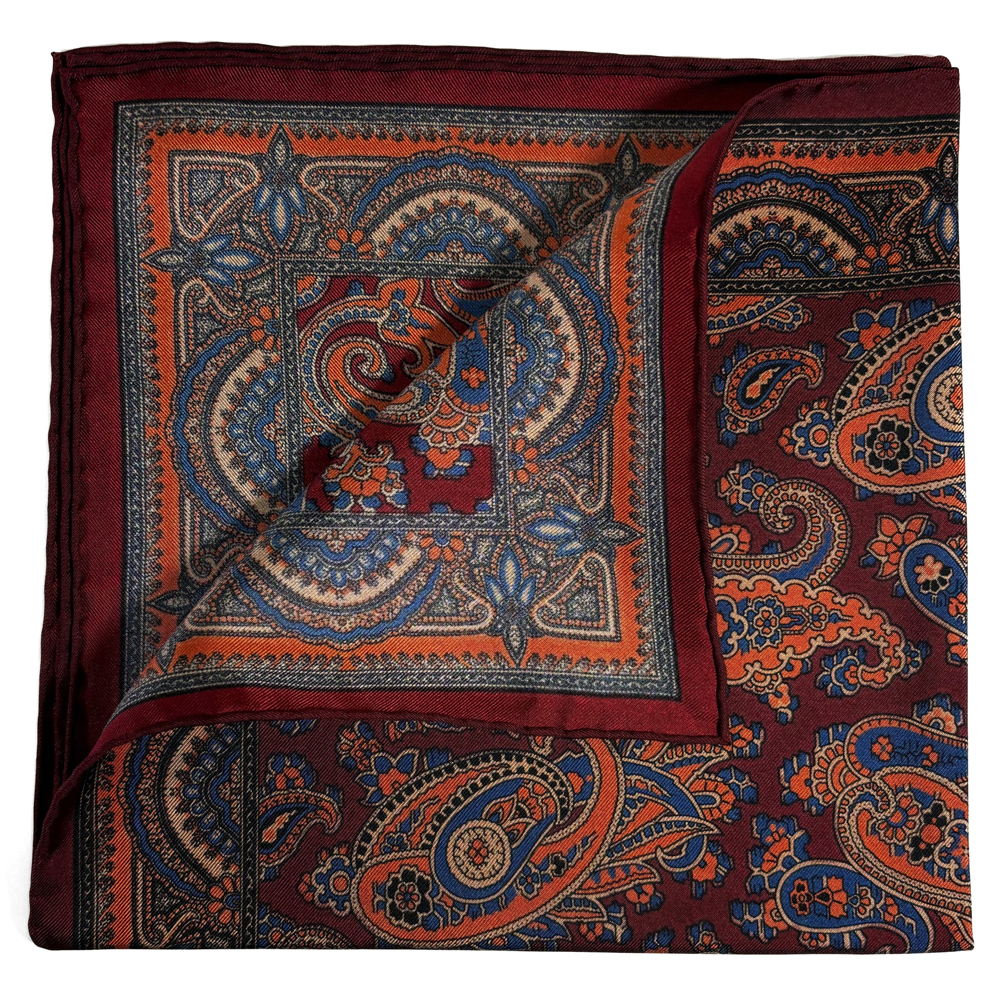 Burgundy & Orange Paisley Ancient Madder Silk Pocket Square-2