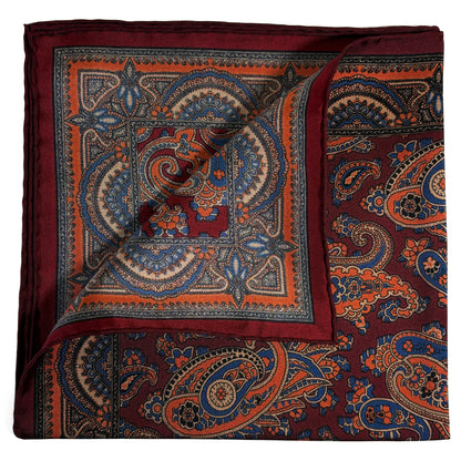 Burgundy & Orange Paisley Ancient Madder Silk Pocket Square-2