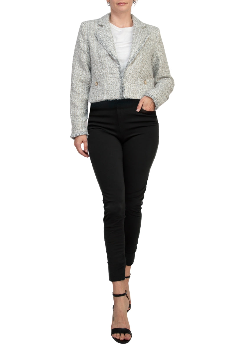 Elie Long Sleeve Tweed Metallic Open-Front Blazer With Patch Pockets With Metal Chain Logo Bar-1