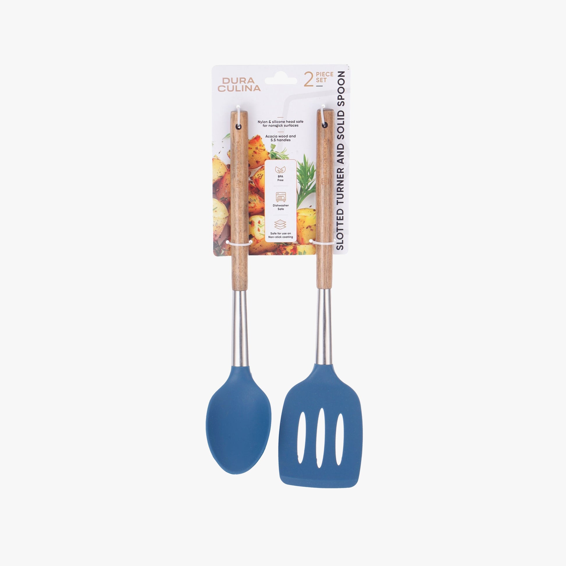 2-Piece Solid Spoon & Slotted Turner Set - Acacia Wood & Stainless Steel Handles, Silicone Heads, Non-Stick Safe, Navy-0