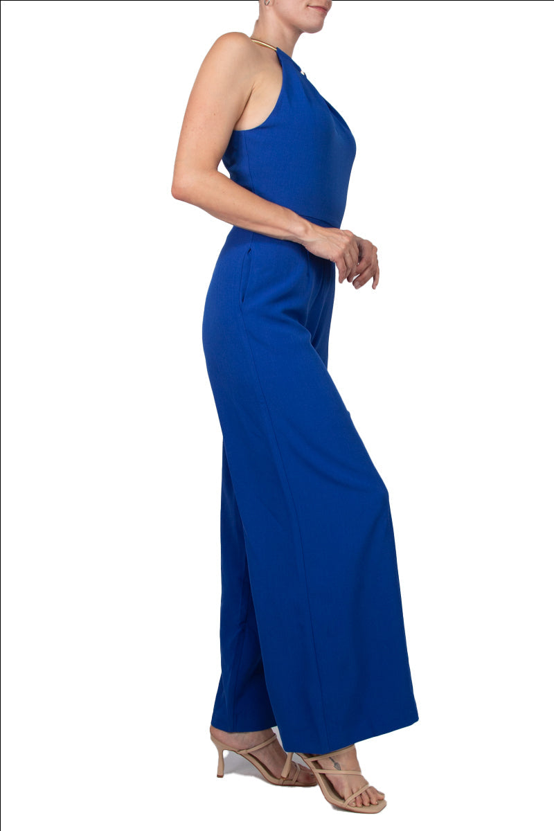 Donna Ricco Halter Chain Neck Keyhole Front Sleeveless Zipper Back Pockets Solid Crepe Jumpsuit-1