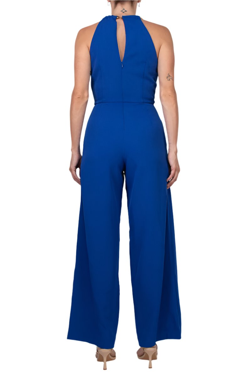 Donna Ricco Halter Chain Neck Keyhole Front Sleeveless Zipper Back Pockets Solid Crepe Jumpsuit-2