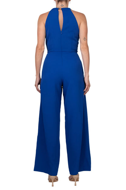 Donna Ricco Halter Chain Neck Keyhole Front Sleeveless Zipper Back Pockets Solid Crepe Jumpsuit-2