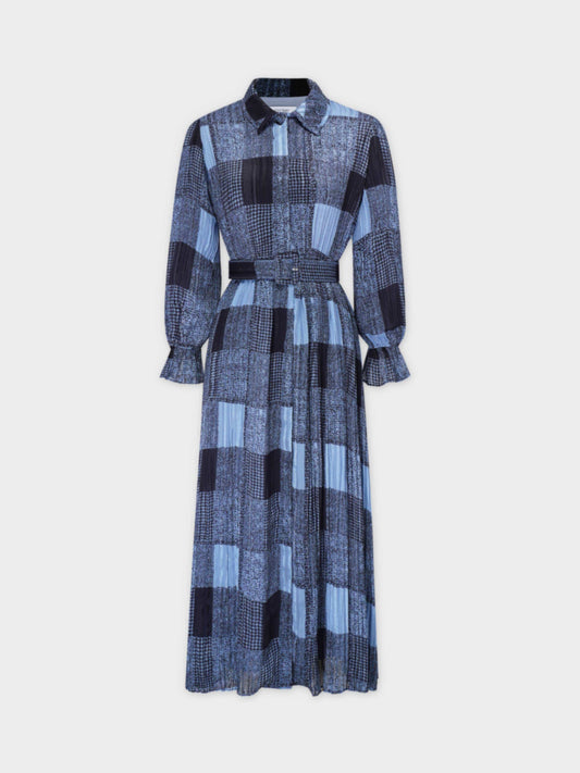 Belted Pleat Dress-Blue Plaid-0