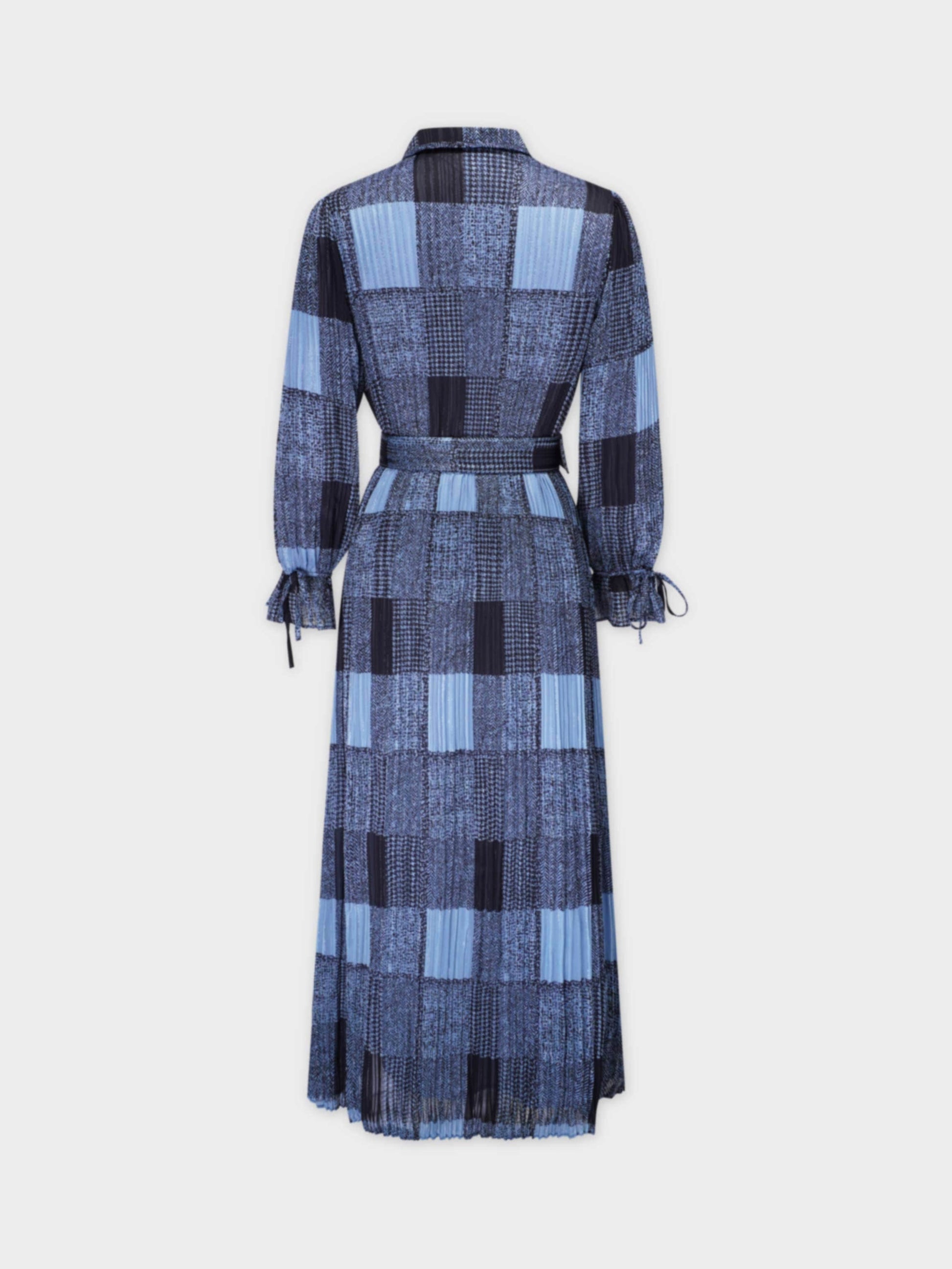 Belted Pleat Dress-Blue Plaid-1