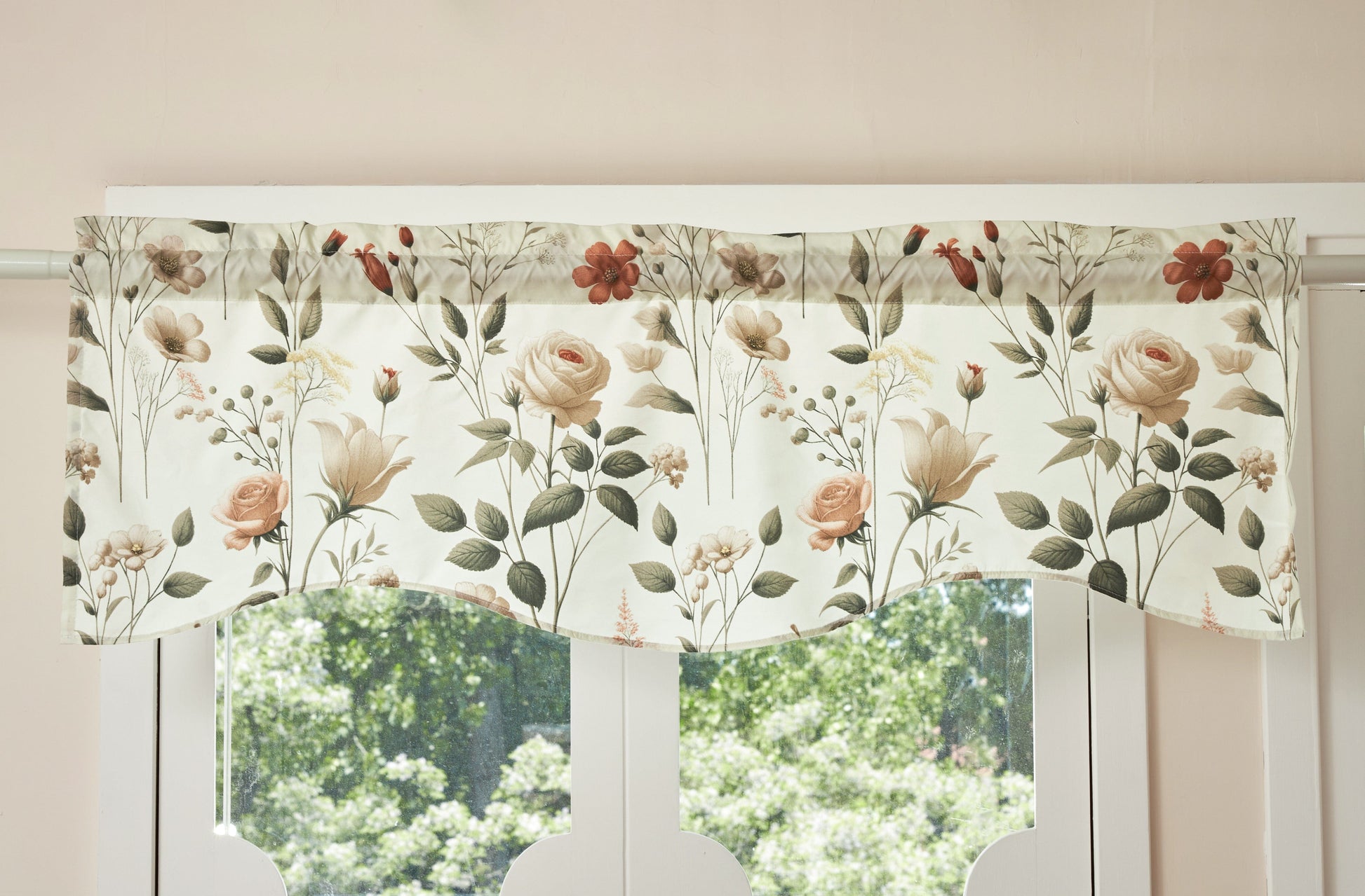 DaDa Bedding Collection Enchanted Meadow Semi-Sheer Valance - Floral Elegance in Beige, Rose, and Soft Green, Light Filtering See Through Microfiber, Rod Pocket Design, 18x52 Inches-3