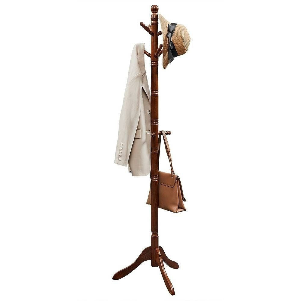 Adjustable Height Solid Wood Coat Rack with 10 Hooks in Dark Brown Finish-1