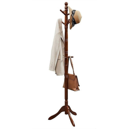 Adjustable Height Solid Wood Coat Rack with 10 Hooks in Dark Brown Finish-1