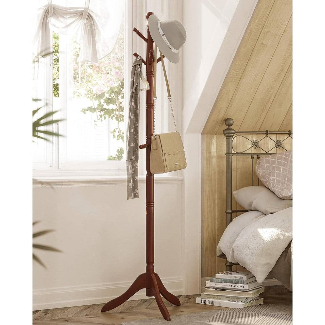Adjustable Height Solid Wood Coat Rack with 10 Hooks in Dark Brown Finish-0
