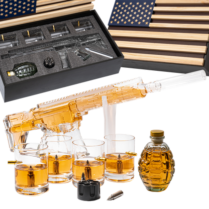 AR15 Whiskey Gun Decanter Flag Set - 1000ml Rifle & Pistol Set - Hanging Storage American Flag Gift Box & Bullet Glasses & Shot Glass, Great Gift for Army, Navy, Marines, Veterans & Gun Enthusiasts-0
