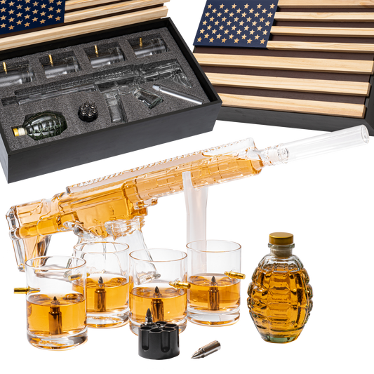 AR15 Whiskey Gun Decanter Flag Set - 1000ml Rifle & Pistol Set - Hanging Storage American Flag Gift Box & Bullet Glasses & Shot Glass, Great Gift for Army, Navy, Marines, Veterans & Gun Enthusiasts-0