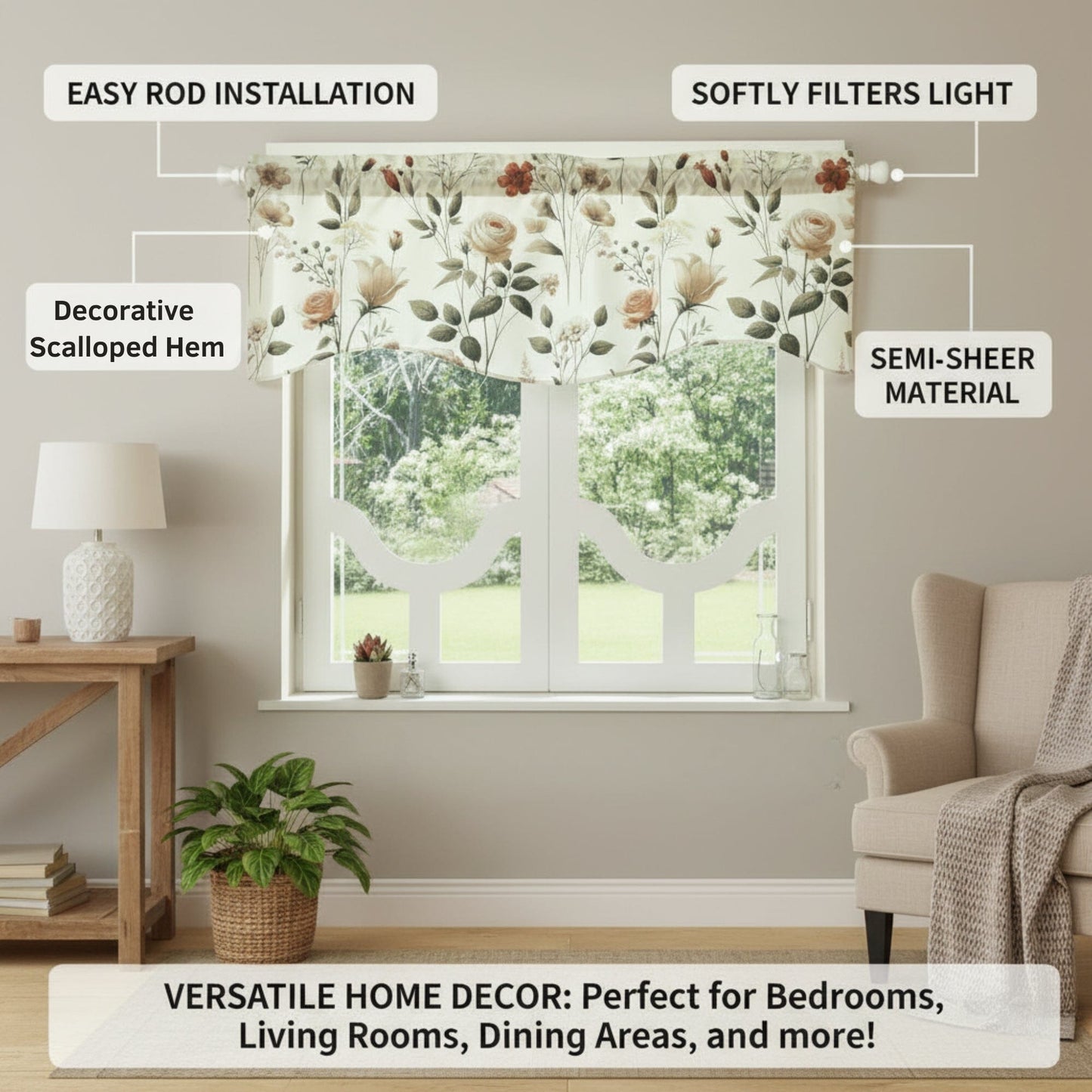 DaDa Bedding Collection Enchanted Meadow Semi-Sheer Valance - Floral Elegance in Beige, Rose, and Soft Green, Light Filtering See Through Microfiber, Rod Pocket Design, 18x52 Inches-1