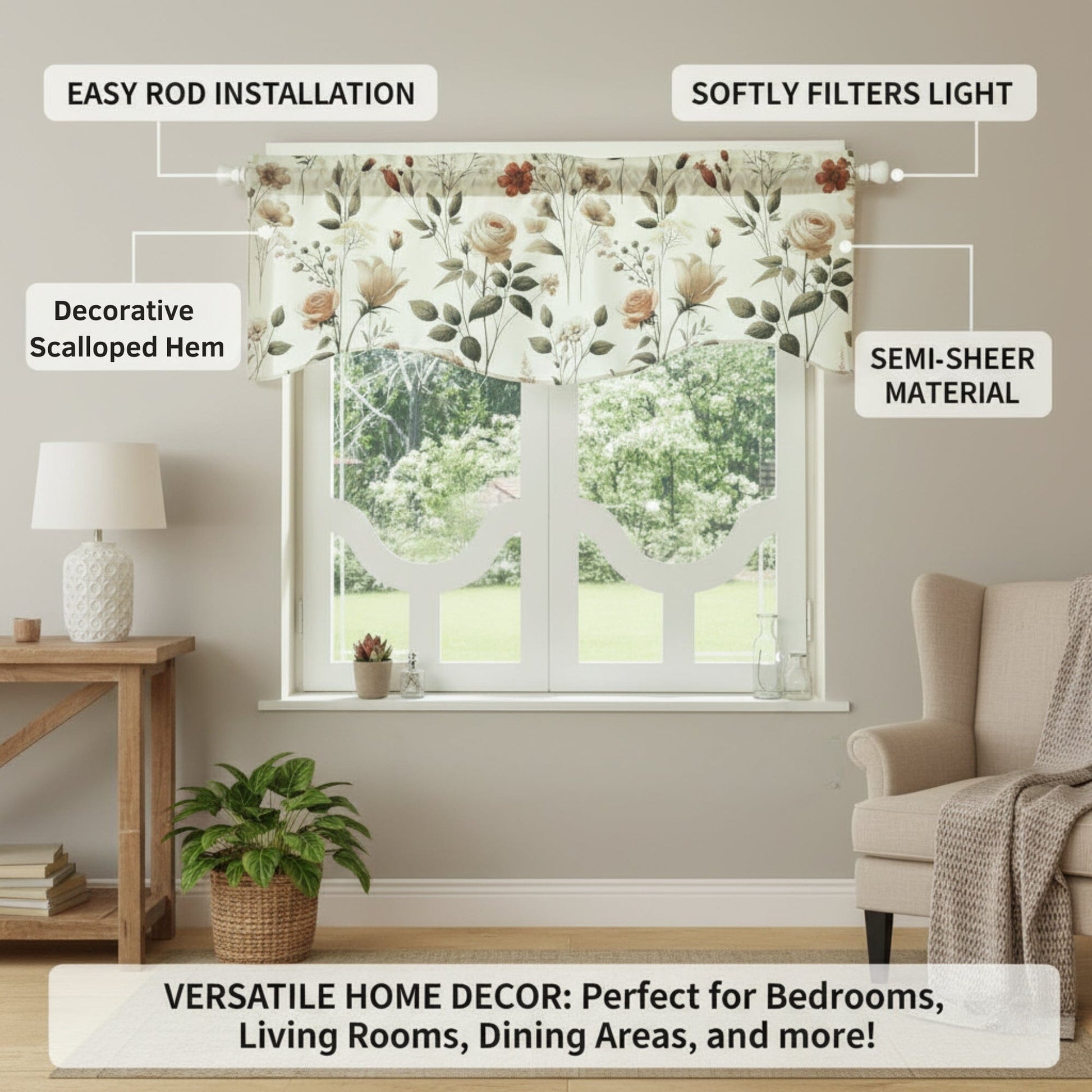 DaDa Bedding Collection Enchanted Meadow Semi-Sheer Valance - Floral Elegance in Beige, Rose, and Soft Green, Light Filtering See Through Microfiber, Rod Pocket Design, 18x52 Inches-1