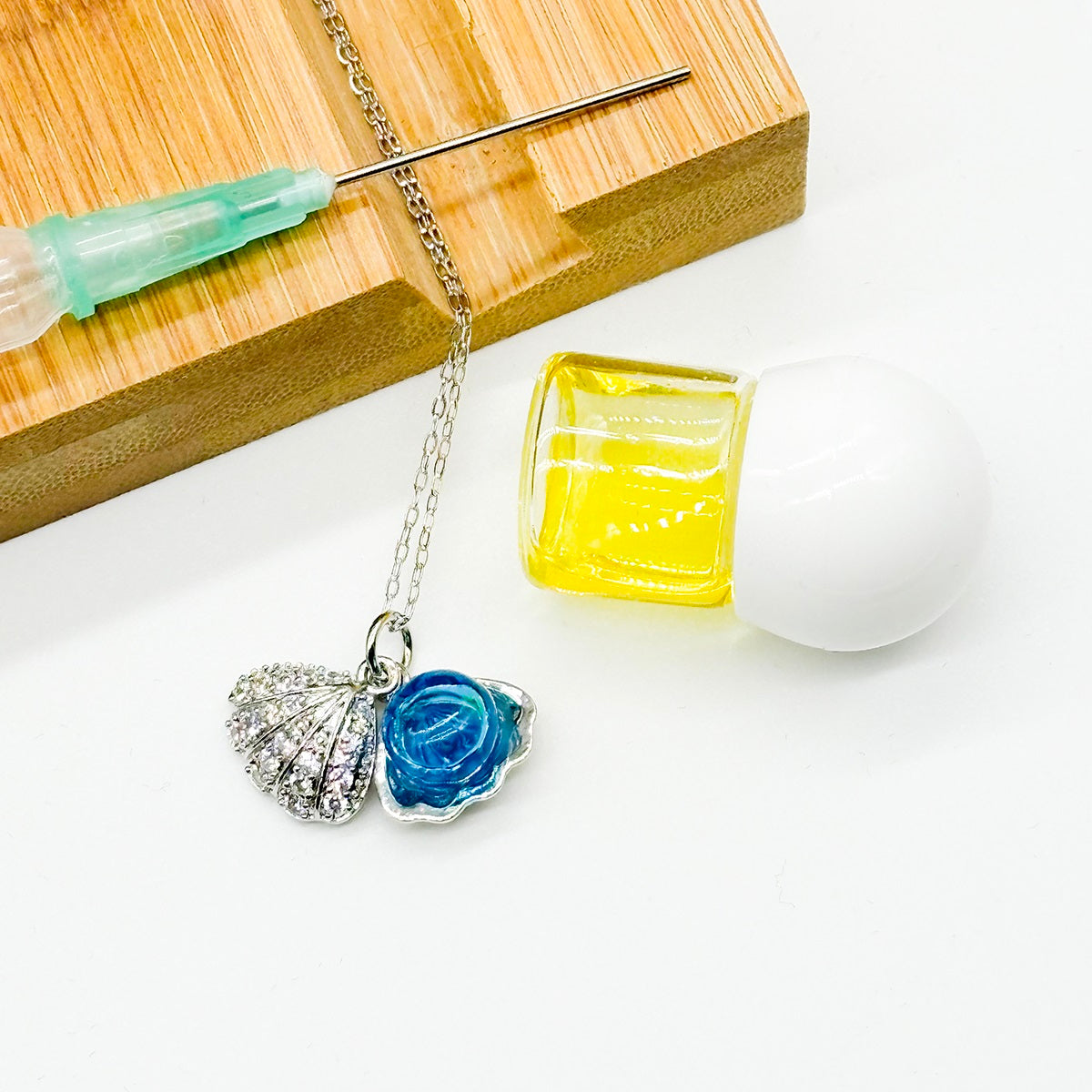 Diamond Shell Aroma Necklace - Aqua | Energy & Healing | Diffuse on the go | Sterling Silver Chain-2