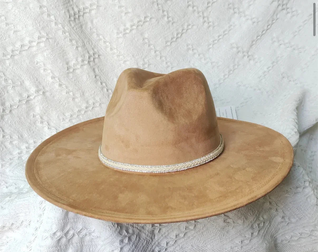 Dazzleme Suede Wide Brim Fedora Hat - Vegan Suede Material, Adjustable Straps, 10cm Brim, 12cm Height, Unisex Fashion Accessory-0