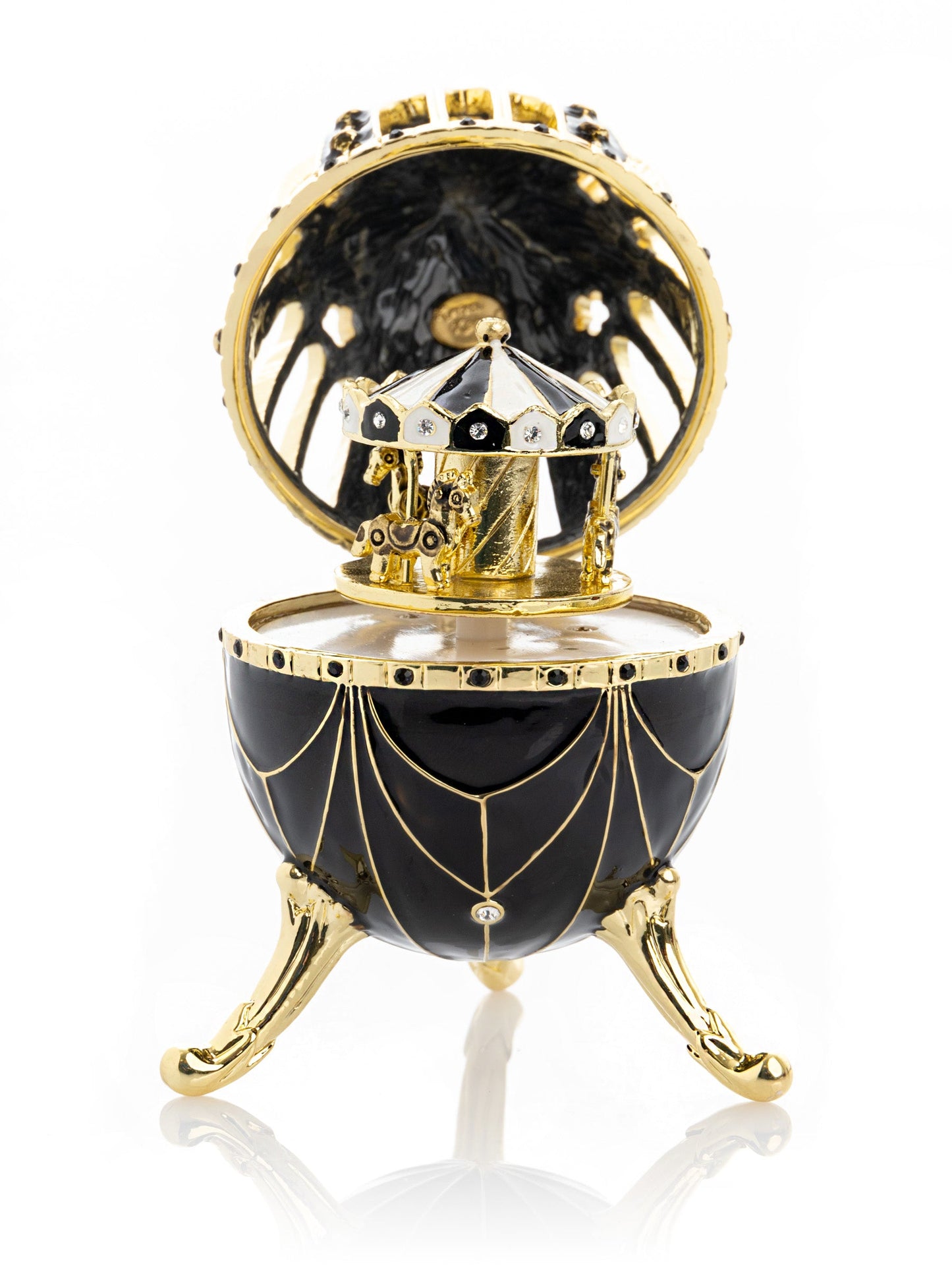 Black and Gold Faberge Egg with Horse Carousel Surprise Inside-1