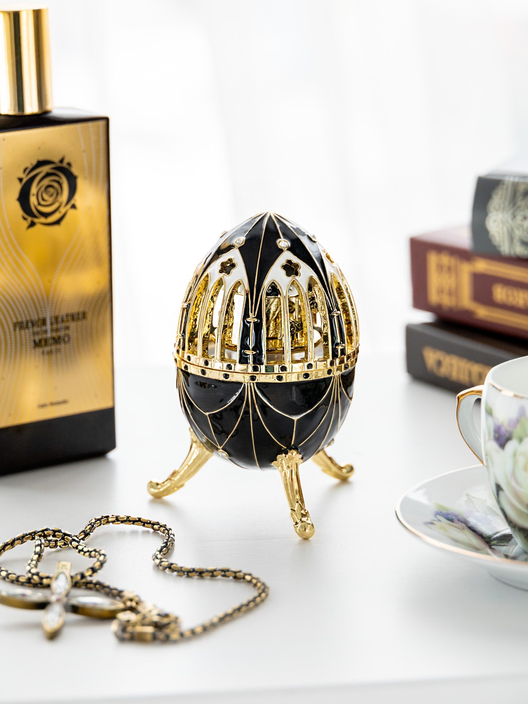 Black and Gold Faberge Egg with Horse Carousel Surprise Inside-2