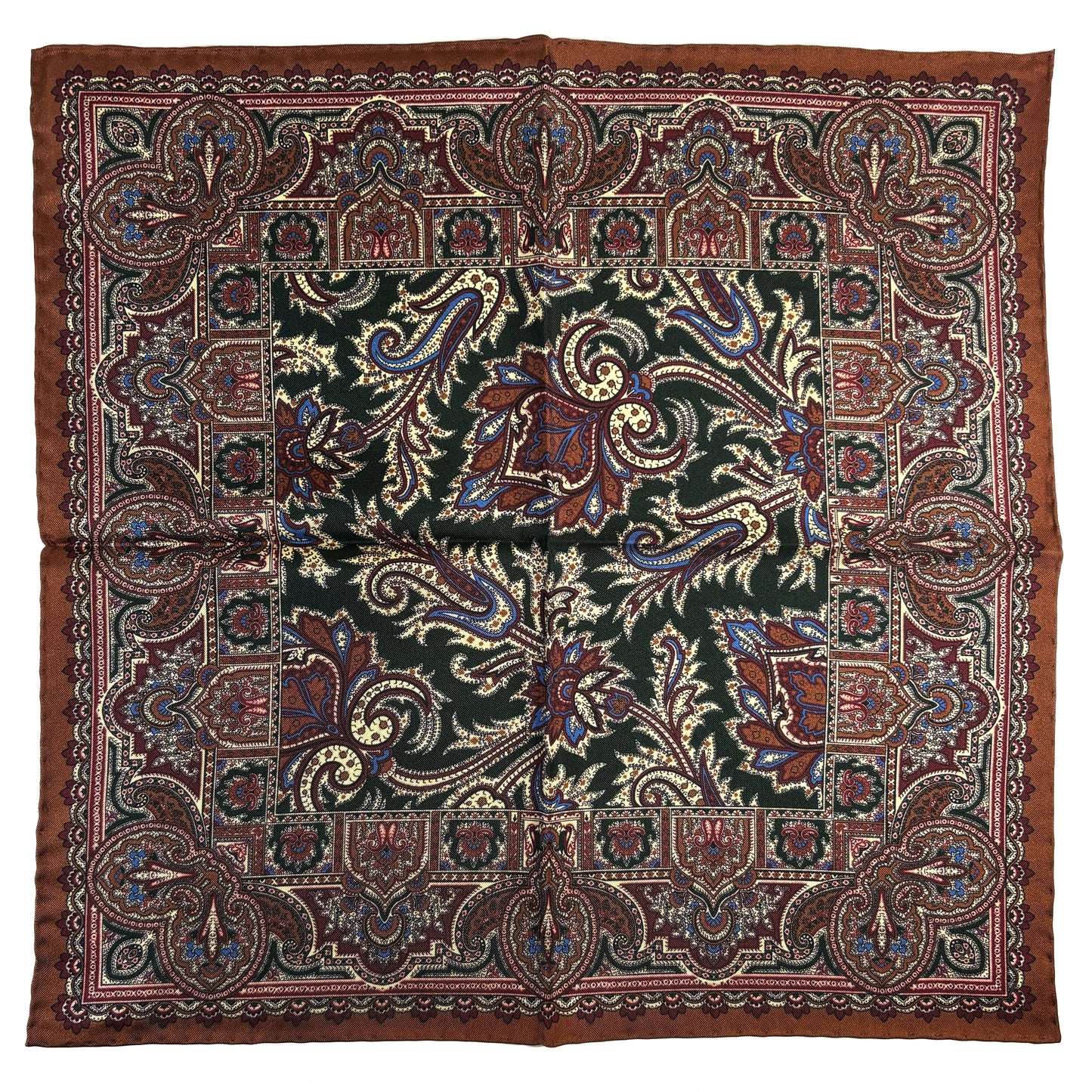 Forest Green & Brown Floral Motif Ancient Madder Silk Pocket Square-3