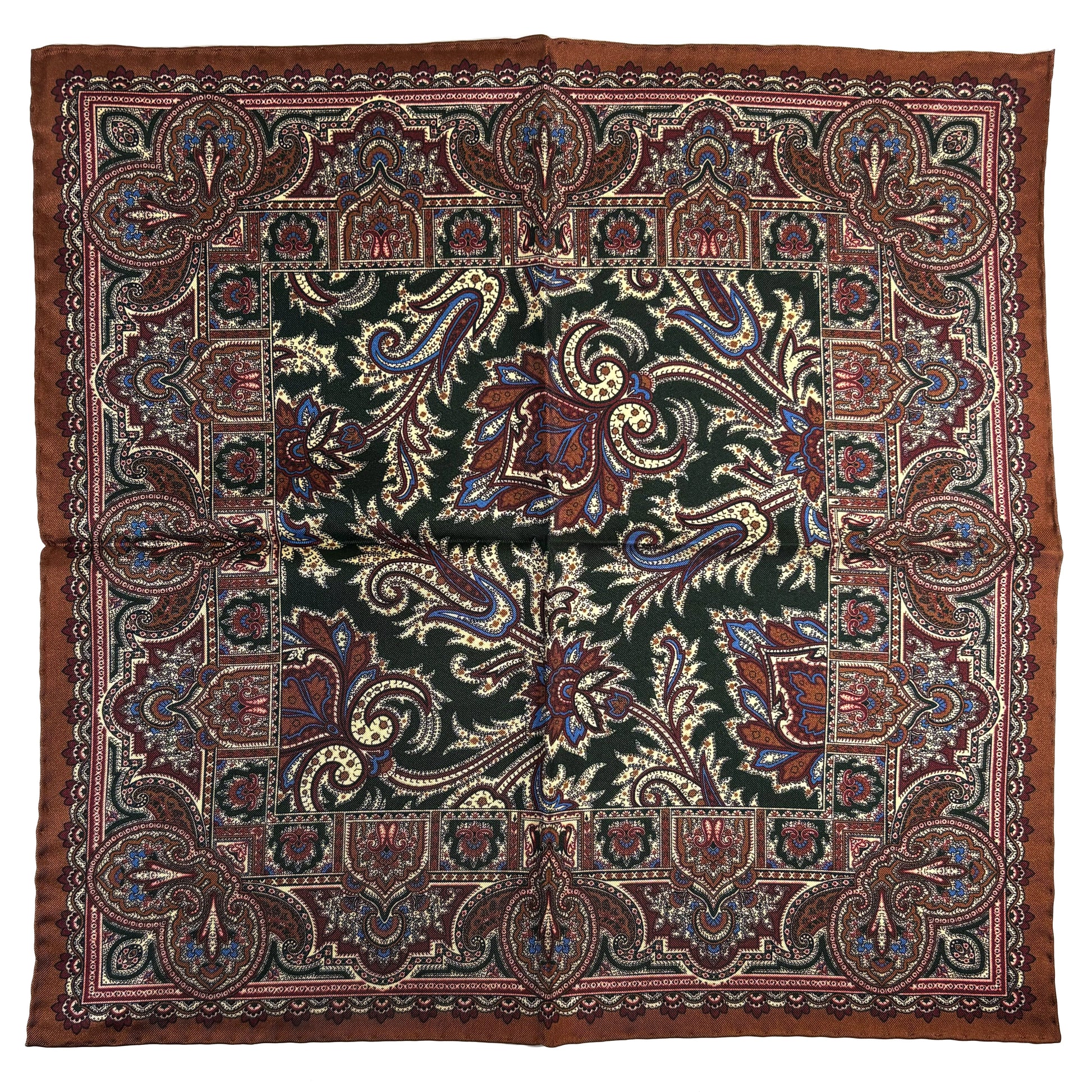 Forest Green & Brown Floral Motif Ancient Madder Silk Pocket Square-3